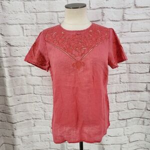 Karl Lagerfeld Pink Linen Top Embroidery Eyelet Lace Coastal Cottage Medium